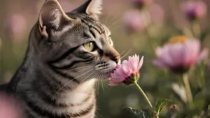 Cute Cat Sniffing a Flower Close-Up