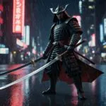 Cyberpunk Samurai Urban Rain Blade Reflection