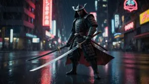 Cyberpunk Samurai Urban Rain Blade Reflection