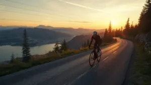 Cyclist on Mountain Road at Sunrise