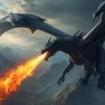 Dark Dragon Breathing Fire Over Mountains