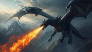 Dark Dragon Breathing Fire Over Mountains