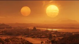 Desert City Oasis Under Two Suns