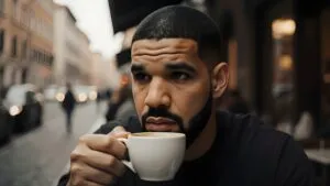 Drake Drinking Espresso at a Street Café in Rome