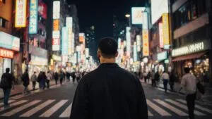 Drake Walking Through a Neon Street in Seoul