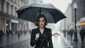 Emma Watson Walking in Rain with Umbrella