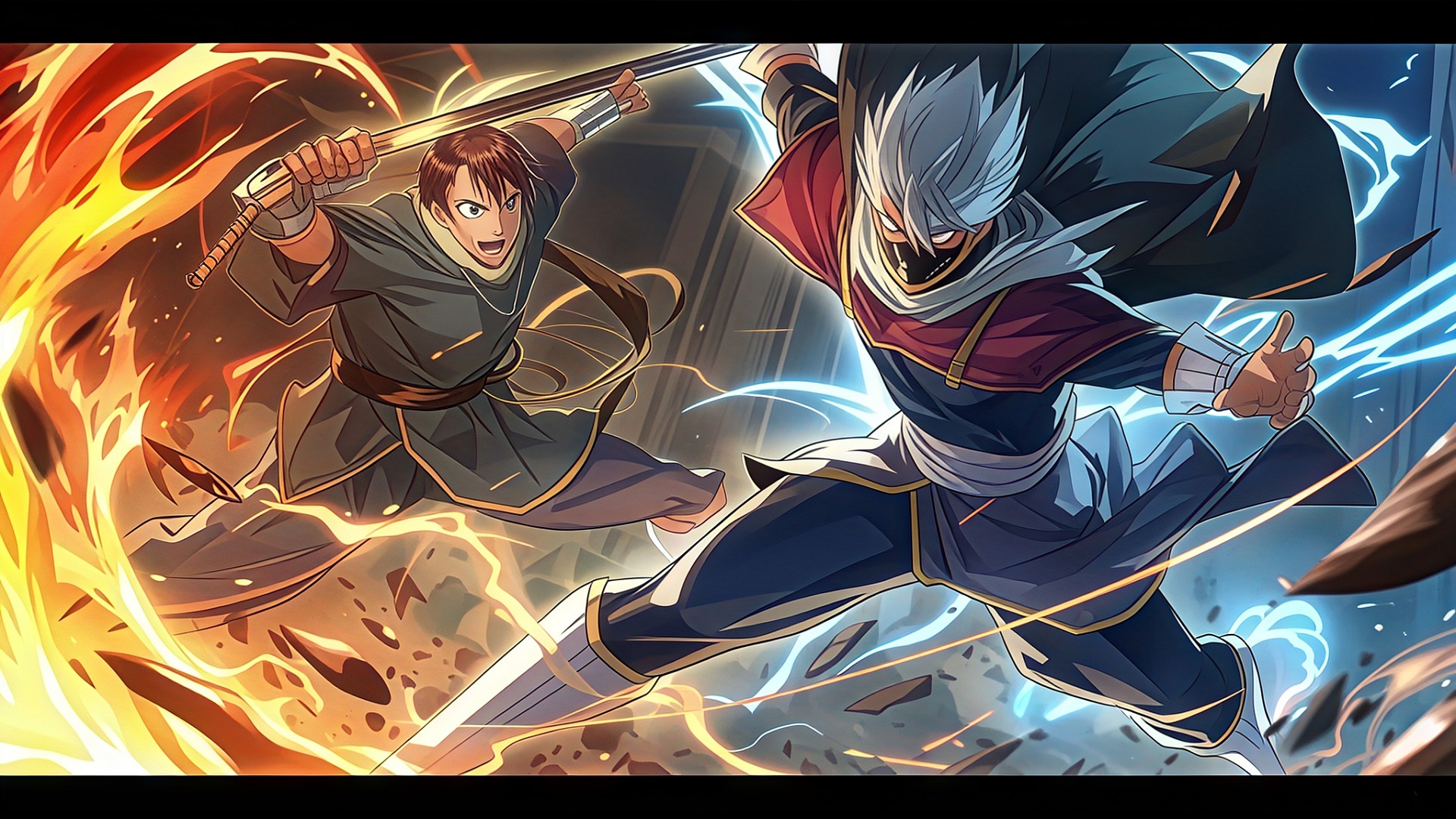 epic manga hero battle scene action art wallpaper, manga, action art, battle scene, dynamic, epic manga hero, fighting, shonen, desktop, mobile, background