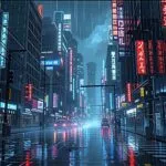 Futuristic Manga City Neon Lights Rain