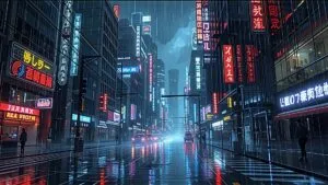 Futuristic Manga City Neon Lights Rain