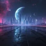 Futuristic Neon City Reflection Wet Ground