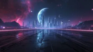 Futuristic Neon City Reflection Wet Ground
