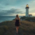 Girl Standing Near Lighthouse by the Sea