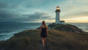 Girl Standing Near Lighthouse by the Sea