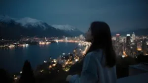 Girl Watching City Lights from Rooftop