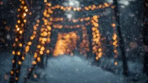 Golden Bokeh Lights Reflecting on a Snowy Window