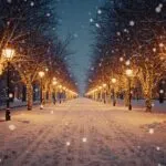 Golden Christmas Lights on a Snowy Street