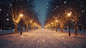 Golden Christmas Lights on a Snowy Street