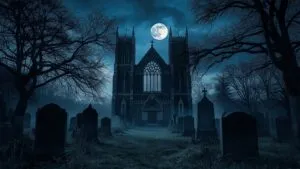 Gothic Cathedral Moonlight Cemetery View