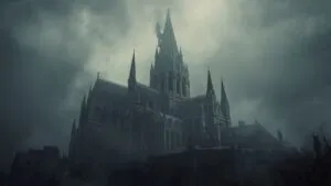 Gothic Cathedral Spires Touching the Foggy Sky