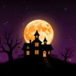Halloween Haunted House Silhouettes Full Moon Moody Scene
