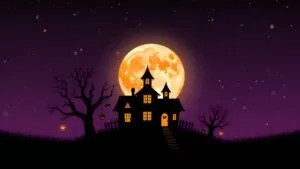 Halloween Haunted House Silhouettes Full Moon Moody Scene