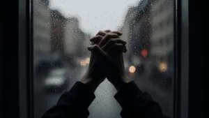 Hands Clasped Rainy Window Reflection Urban