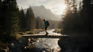 Hiker Crossing Wooden Bridge in Forest