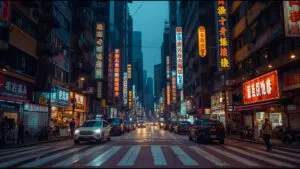 Hong Kong City Busy Neon Street Level