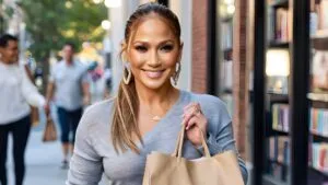 Jennifer Lopez Smiling While Holding a Bookstore Bag