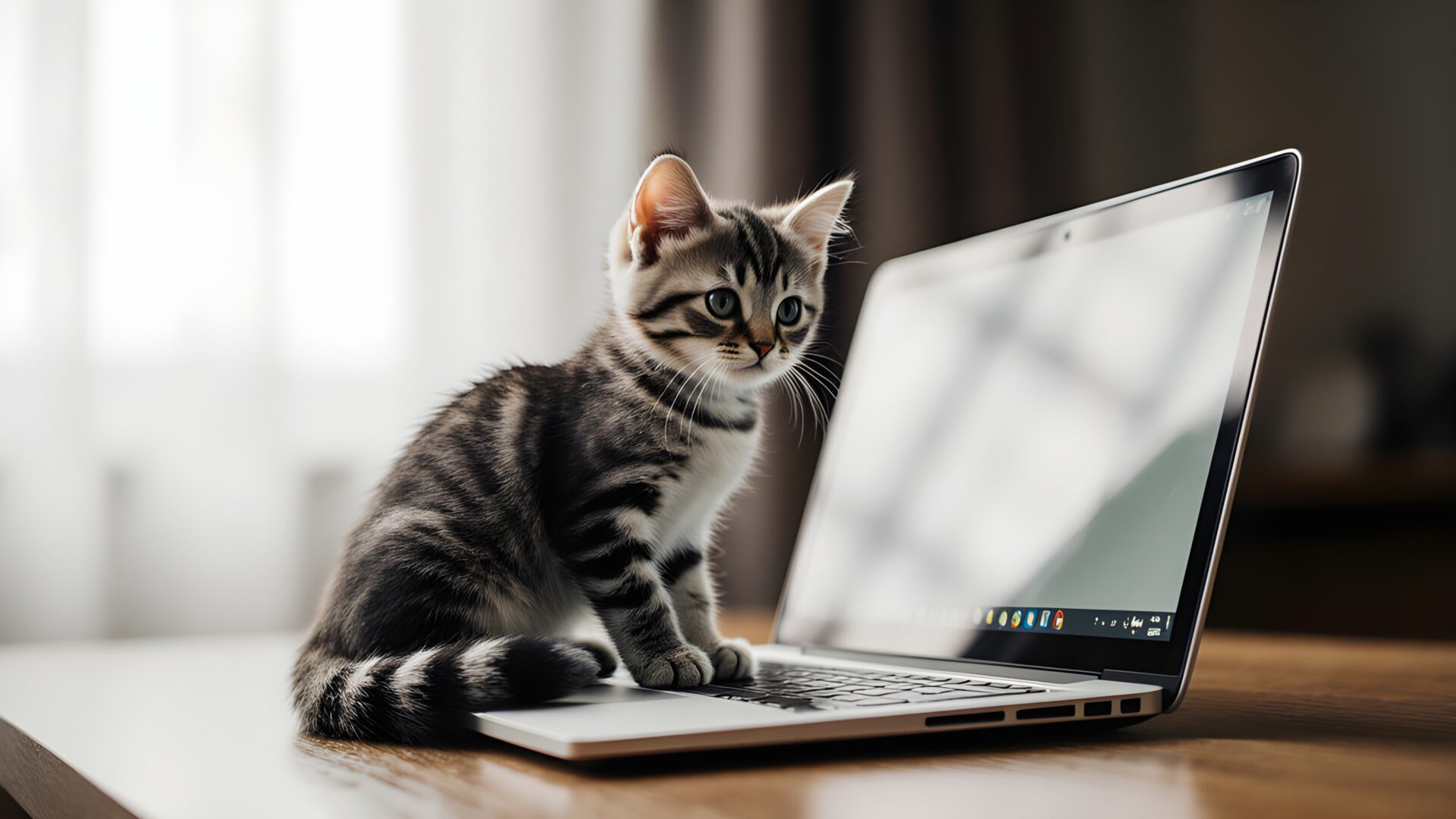 kitten sitting on a laptop screen wallpaper, animals, curious pet action, funny work companion, desktop, mobile, background