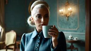 Lady Gaga Holding a Cup of Tea in a Vintage Room