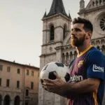 Lionel Messi Holding a Soccer Ball Beside an Old Church