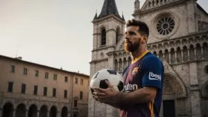Lionel Messi Holding a Soccer Ball Beside an Old Church