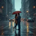 Lovers Sharing Umbrella in the City