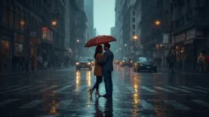 Lovers Sharing Umbrella in the City