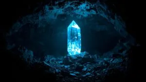 Magical Crystal Glowing in Dark Cave
