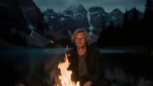 Man Sitting Beside Campfire at Night