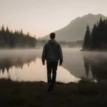 Man Walking Through Misty Forest