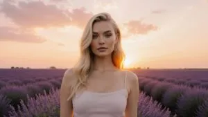 Margot Robbie in a Lavender Field at Sunset
