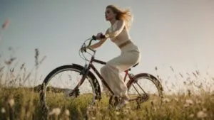 Margot Robbie spinning a bicycle wheel in meadow