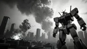 Mecha Robot Giant Battle City Destruction Grayscale