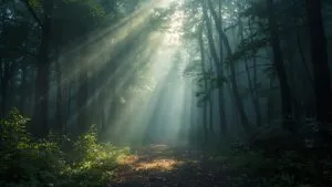 Misty Forest Path Ethereal Light Rays
