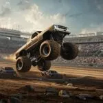 Monster Truck Jumping Over a Line of Crushed Cars