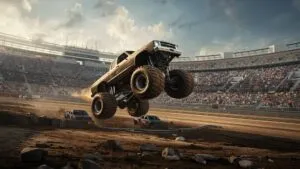 Monster Truck Jumping Over a Line of Crushed Cars