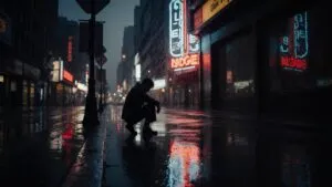 Neon Sign City Street Rainy Reflection