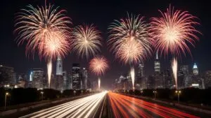 New Year’s Eve Fireworks Abstract Light Trails Cityscape