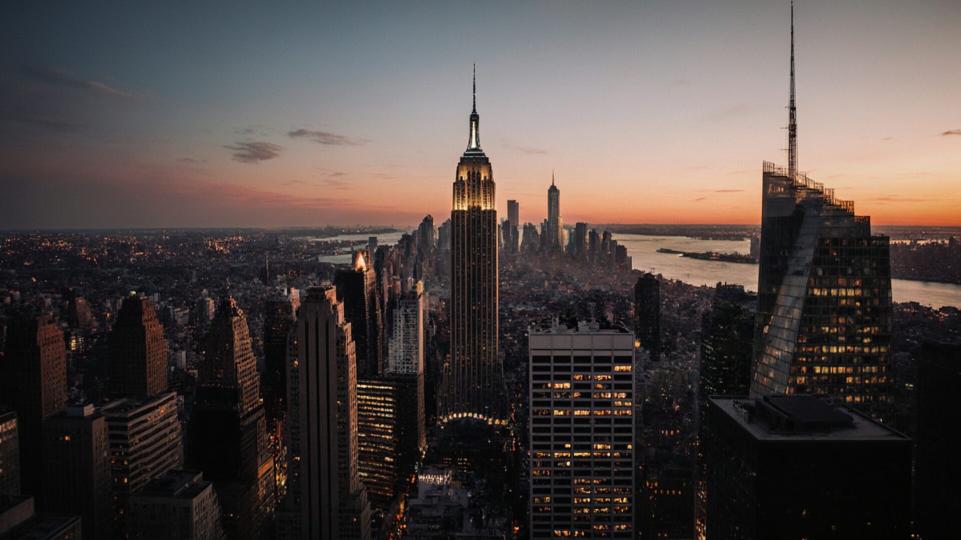 new york city midtown skyscrapers dusk wallpaper, cities & architecture, manhattan, midtown, new york city, skyscraper, sunset, usa, desktop, mobile, background