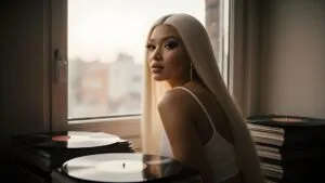 Nicki Minaj Sitting Beside a Window With Vinyl Records
