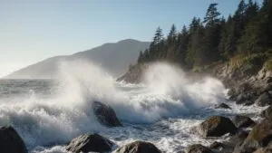 Ocean Waves Crashing Rocky Shore Cinematic Drama Foam