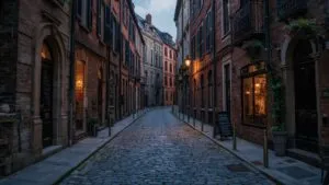 Old European Cobblestone Alley at Dusk